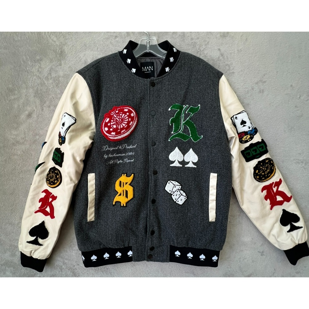 Boohoo MAN Letterman Varsity Bomber Patch Jacket Playing Cards Spade‎ Medium
